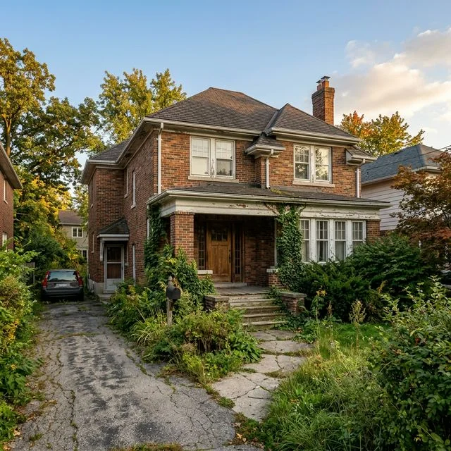 Een wat verouderd huis dat onderhoud vergt in de middagzon