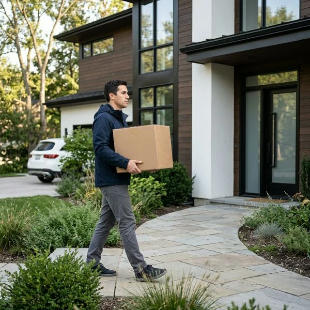 Persoon verhuist vrolijk naar nieuwe moderne woning